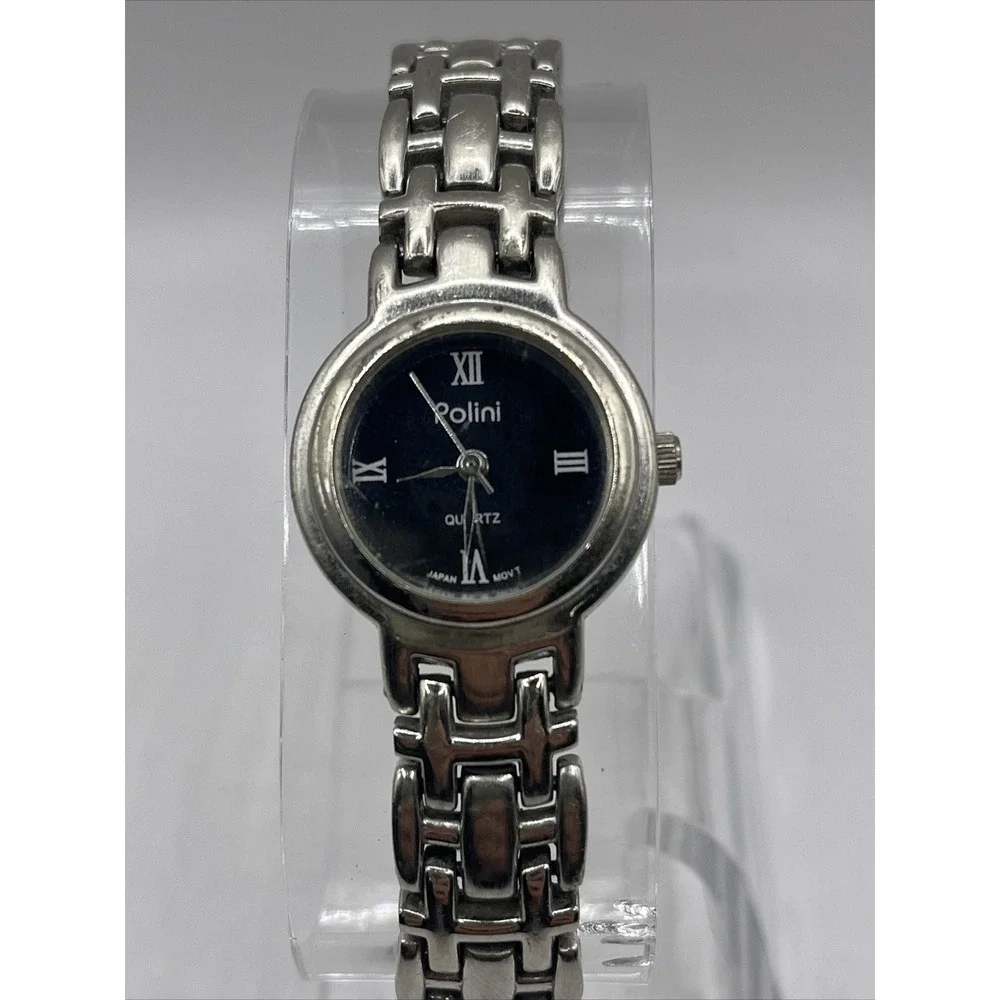 Polini‎ Women's Quartz Watch Silver Tone Band Black Dial- New Battery